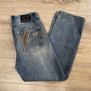 Y2K Phat Farm Men's Denim Distressed Jeans Embroidered Logo Size 36 Waist